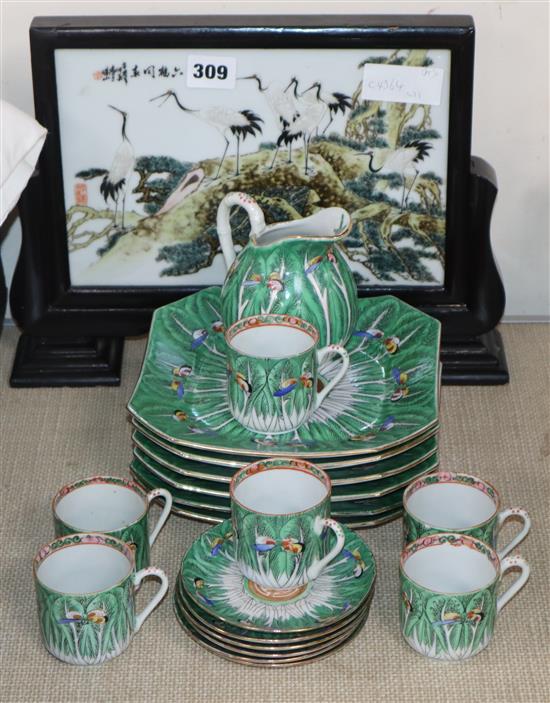 A quantity of Chinese tea wares and a porcelain table screen.